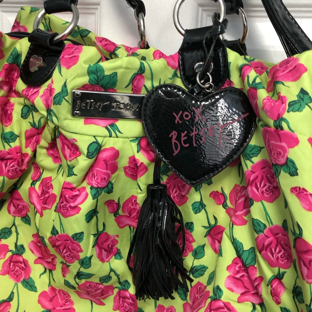 Betsey Johnson Floral Tote Bag Large Black Trim Pink Roses Neon - Picture 12 of 16